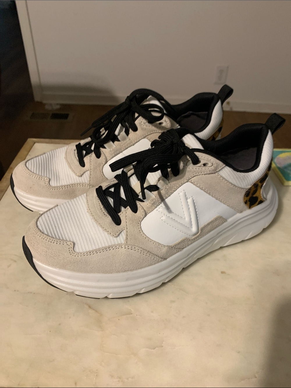 Vionic Beige White Sneakers with Black Laces and Leopard Detail